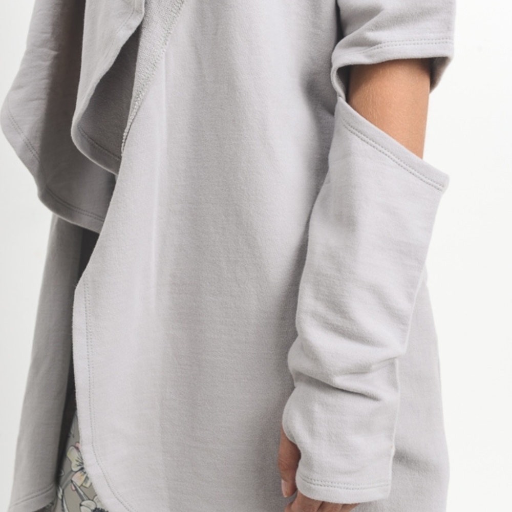 Light Grey Open Front Cardigan With Cutout Sleeve - Picture 3 of 5